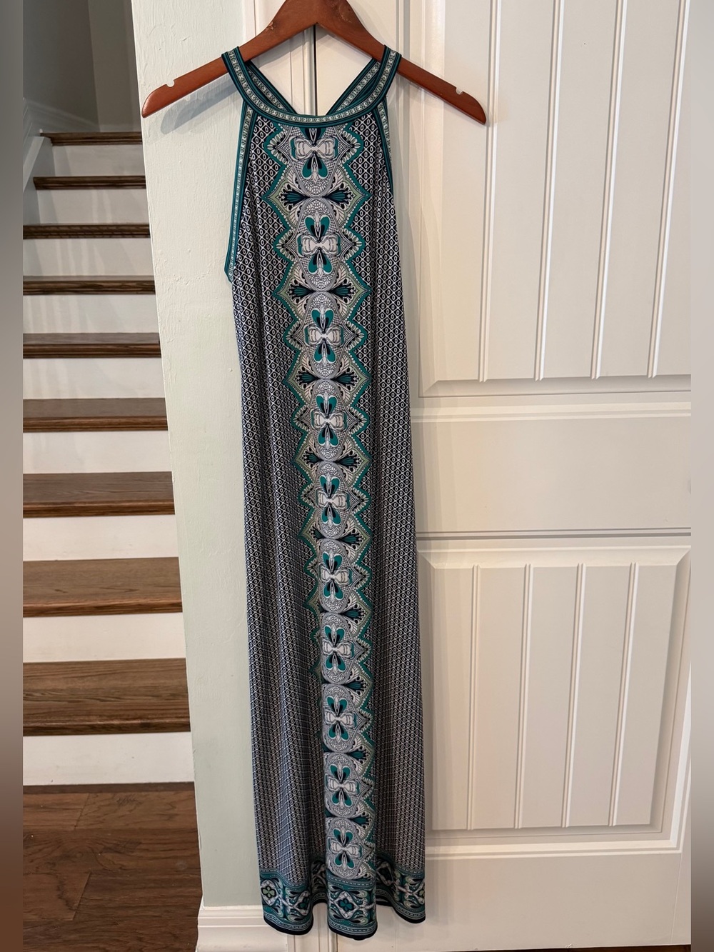 Max Studio Small Geometric Print Maxi Dress Teal Navy Sleeveless Keyhole Back